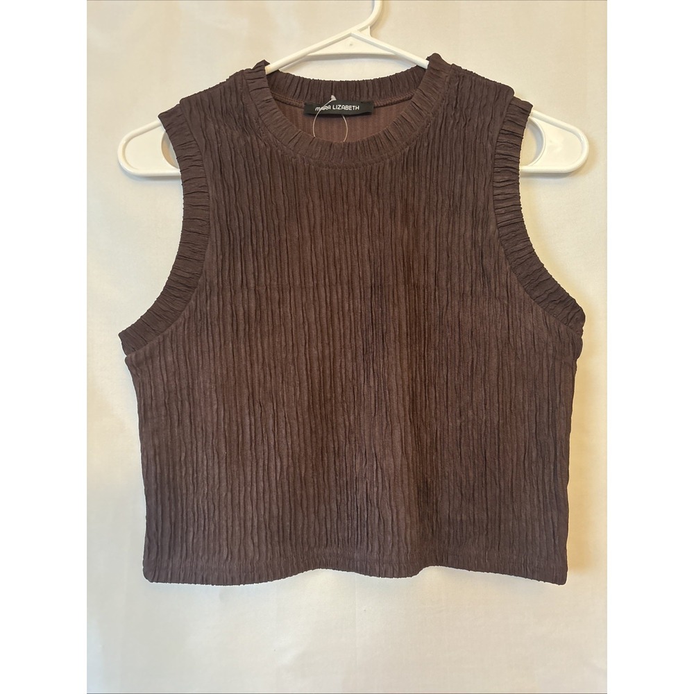 (NWT) Mara Lizabeth Chocolate Brown Sleeveless Crinkle Crew Neck Crop Top LG